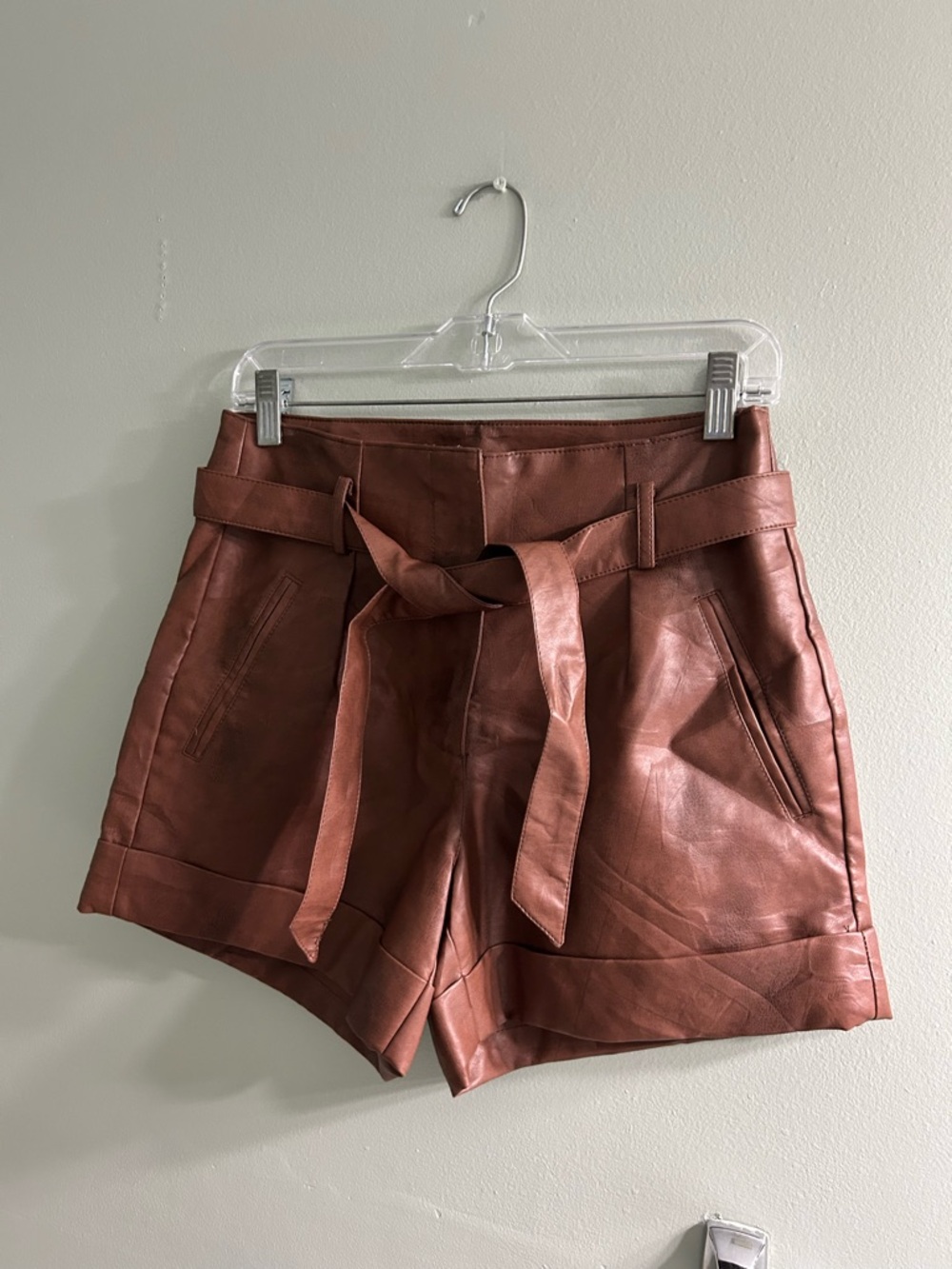 NWT Arden b brown leather faux high waisted shorts belted western